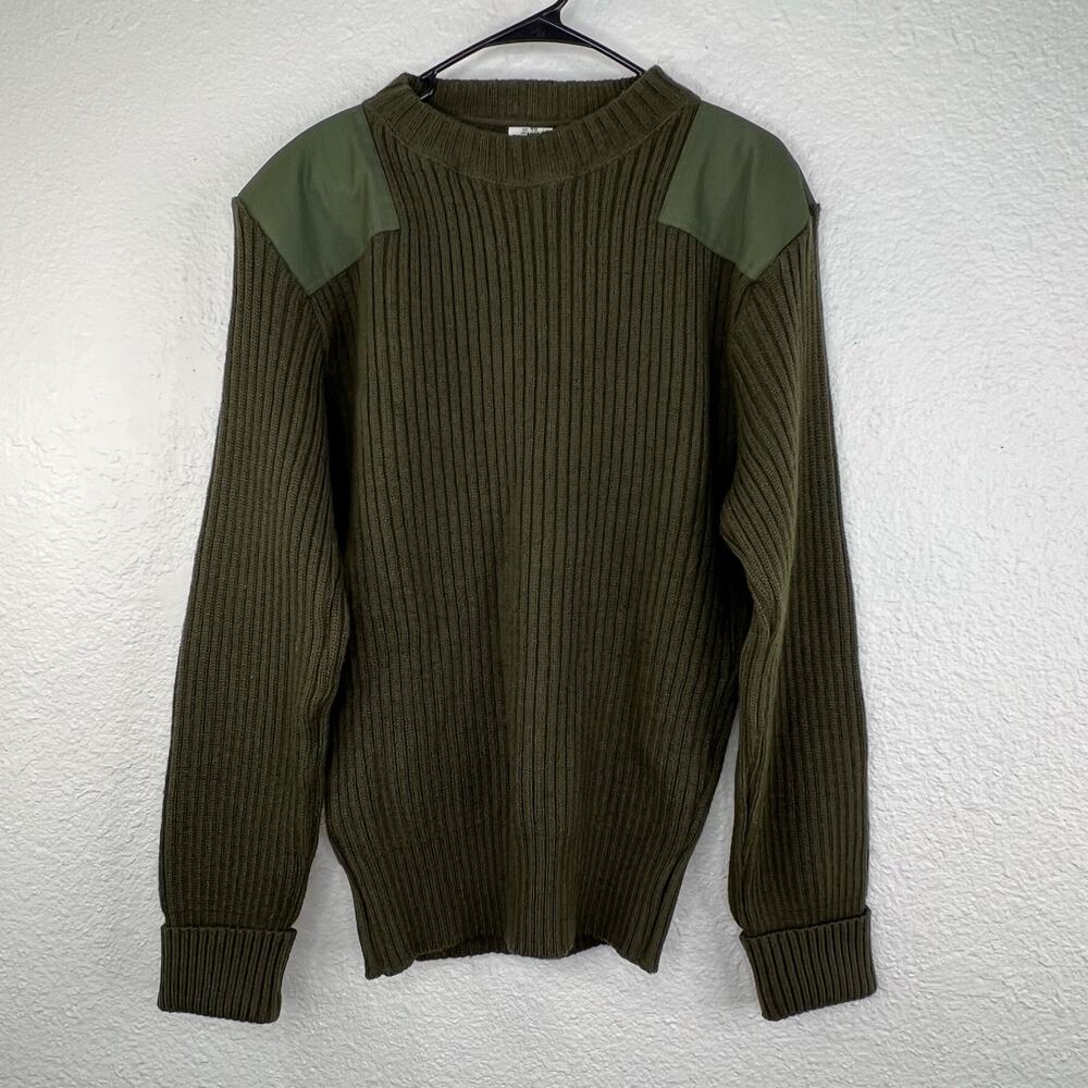 US Marine Corps Wooly Pully Wool Sweater 46 Ribbed Shoulder Elbow Patches Olive